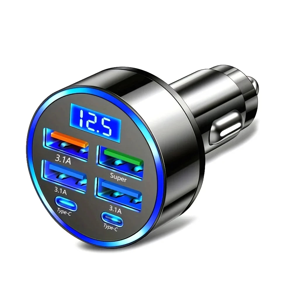 6-In-1 Fast Charging Car Adapter 3.1a Dual Type-C Digital Display