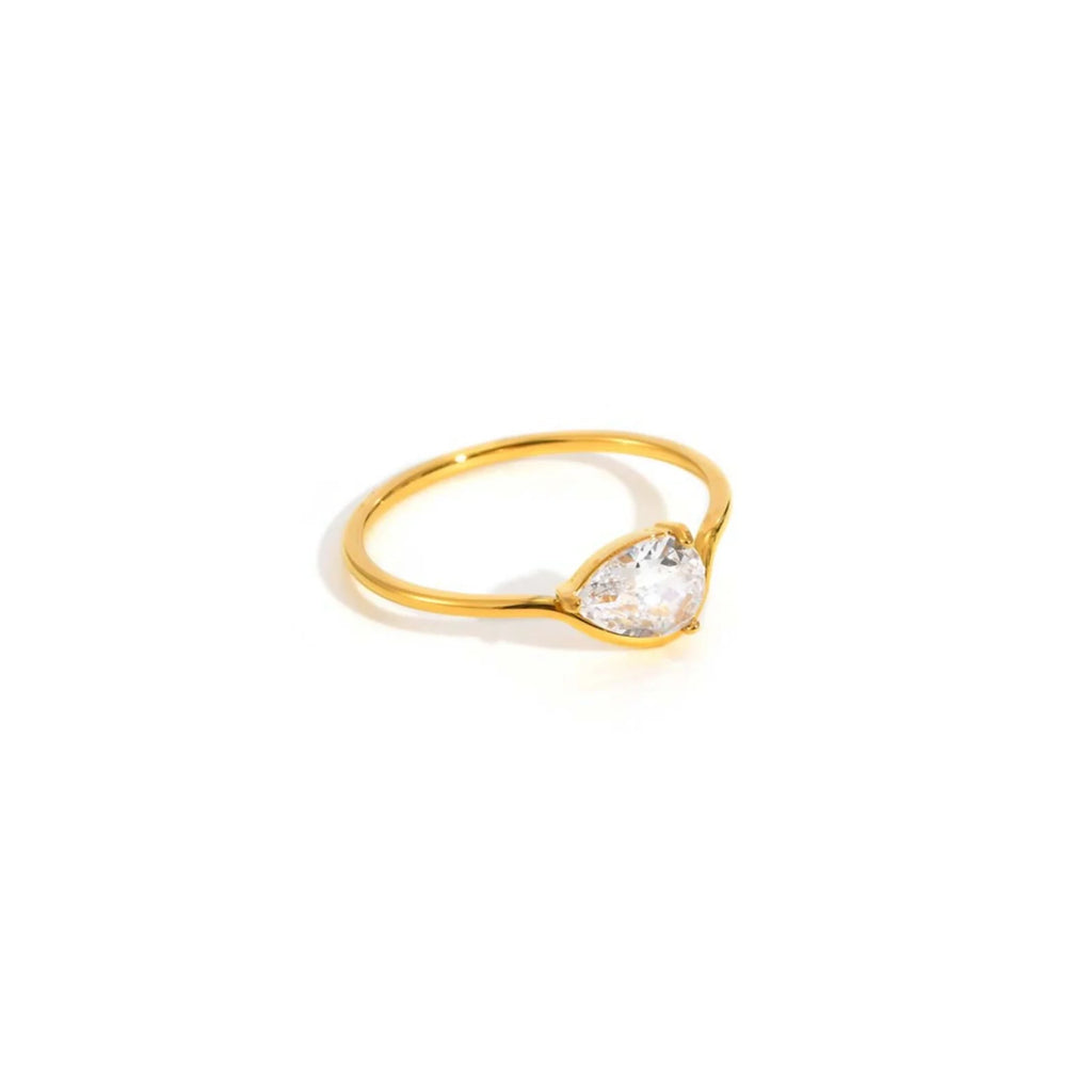 Minimalist Water Drop White Zircon Women Ring, Wave Drop Stainless Steel Ring, 18K Gold Plated Waterproof Luxury Jewelry