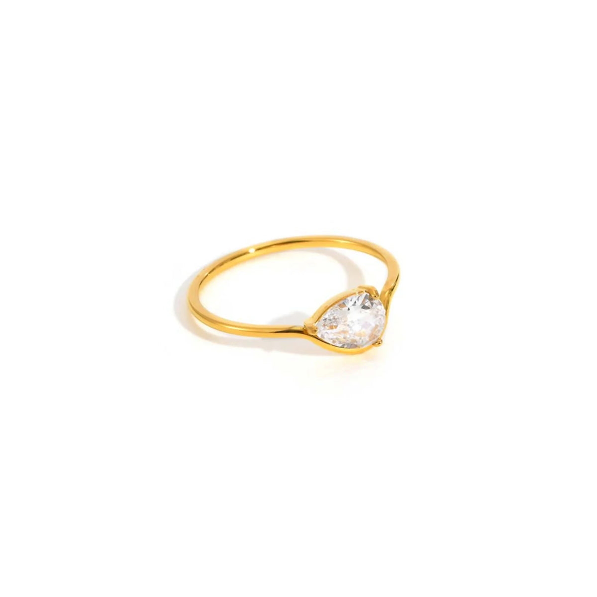 Minimalist Water Drop White Zircon Women Ring, Wave Drop Stainless Steel Ring, 18K Gold Plated Waterproof Luxury Jewelry