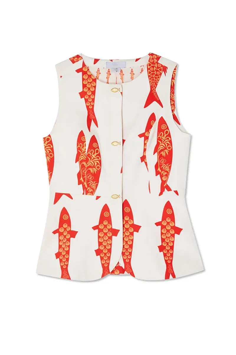Summer Women Cartoon Red Fish Print O Neck Tank Top And Straight Female Long Pants Short Sleeve Shirt Wide Leg Pant 2 Piece Sets