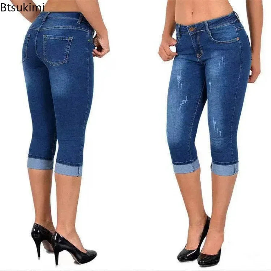 Summer Women's Skinny Denim Pants Mid Waist Stretch Capri Pants Knee