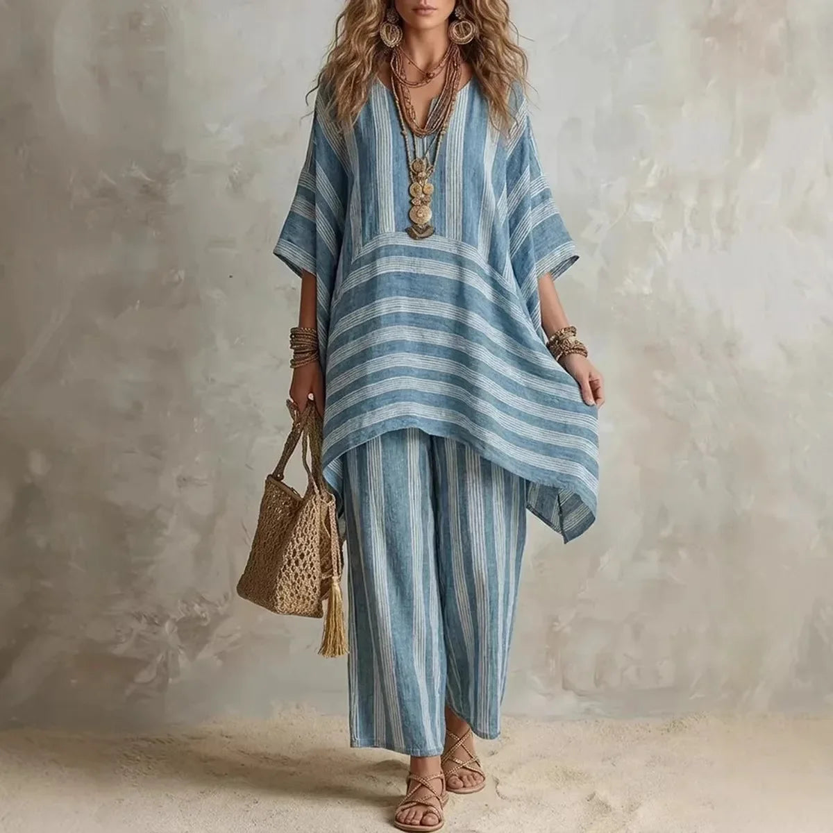 New Women's Two Piece Spring/summer Fashion V-Neck Loose Striped