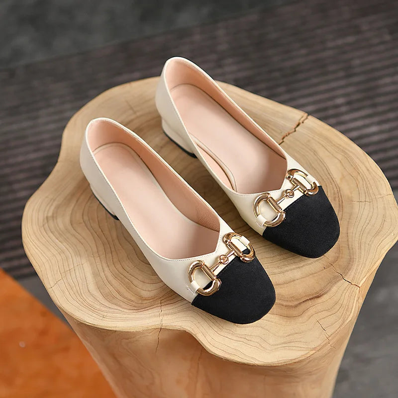 Lady Patchwork Low Heels Pumps Squar Tip OL Slip-Ons With Metal Buckle Plus Size 3-43 Retro Footwear Brown White Black Hand-Made