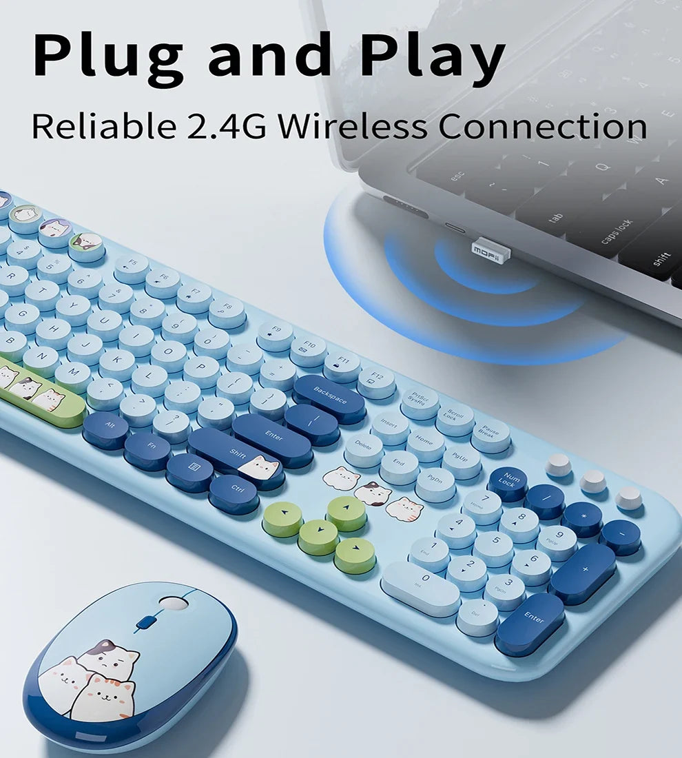 JOMAA™ Retro Cute Cat Wireless Keyboard & Mouse Combo – 104 Keys, Round Keycaps, 2.4GHz, Ergonomic, Auto Sleep, Multi-Language, Beige & Blue | FlipStylez LLC®