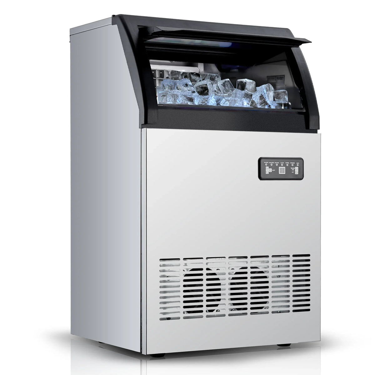 Commercial Ice Maker Machine 100LBS/24H, 50 Ice Cubes in 5-15 Min | 33 Lbs Storage Ice Bin, Freestand Stainless Steel Body, 2 Water Inlets, LED Display, for Home Bar Office Restaurant
