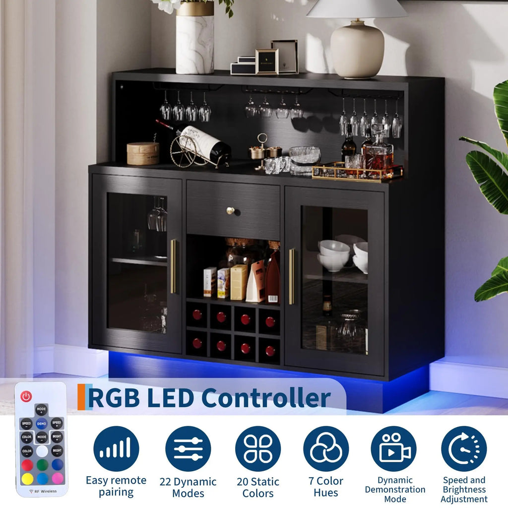 47" LED Wine Bar Cabinet With Glass Doors, 8 Bottle Rack, 15 Glass Holder, Drawers & Charging Station For Dining Room Kitchen
