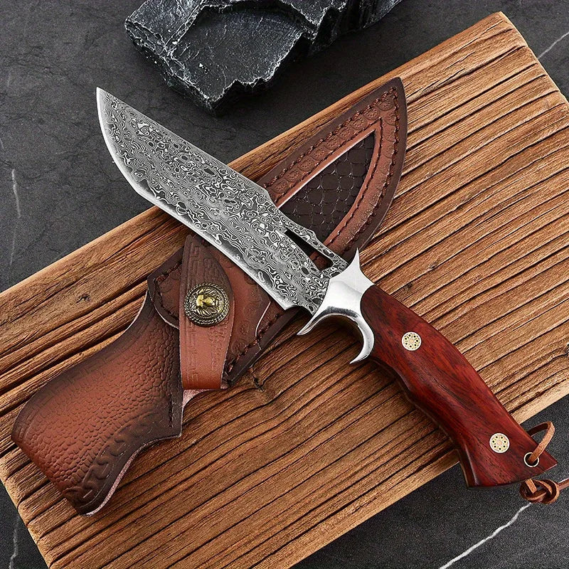 A Large Damascus Handmade Forged Knife - Fixed Blade, Wooden Handle