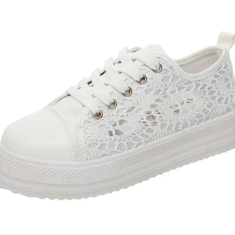 Women Shoes 2025 Fashion Summer Casual White Shoes Cutouts Lace Canvas Hollow Breathable Platform Flat Shoes Woman Sneakers