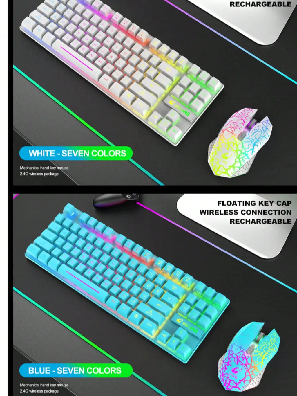 Free Wolf T87 Wireless Charging Keyboard Mouse Set Game Luminous Wireless Keyboard and Mouse Set