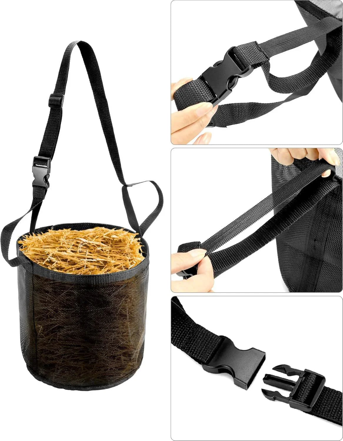 Horse hay feeding bag with adjustable neck, portable outdoor pet animal feed bag, easy to carry, suitable for horses, cattle, sheep, mules, and donkeys