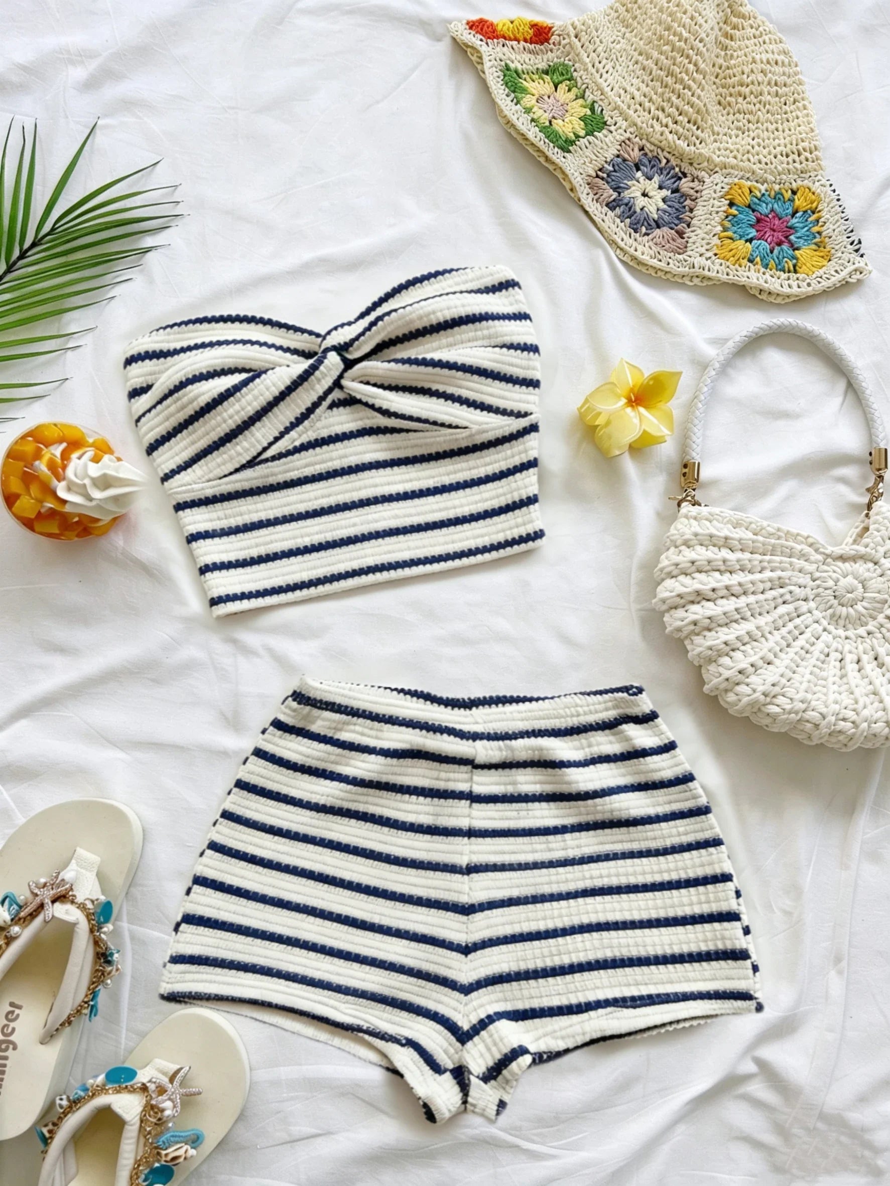 Striped Knit 2-Piece Set, Twist-Front Bandeau Top + Shorts