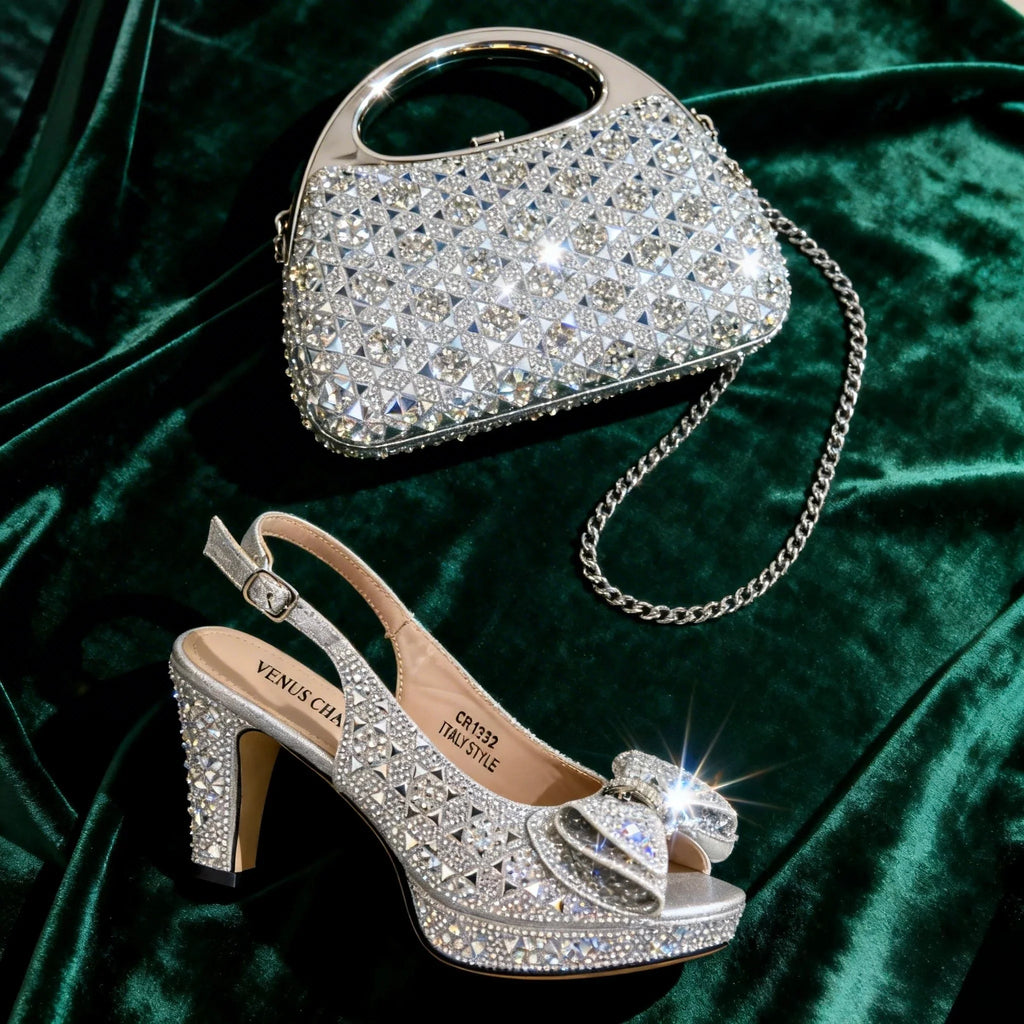 Chic Light Purple Rhinestone Peep-Toe High Heel Sandals and Bag Set for Women –Elegant Italian Party Shoes Perfect for Weddings