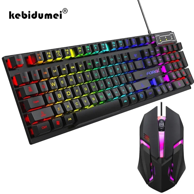 Kebidumei™ 104-Key Backlit Mechanical-Feel Wired Gaming Keyboard & Mouse Set – 3-Color Rainbow Backlit, Waterproof, Laser-Engraved Floating Keycaps, USB, PC & Laptop | FlipStylez LLC®