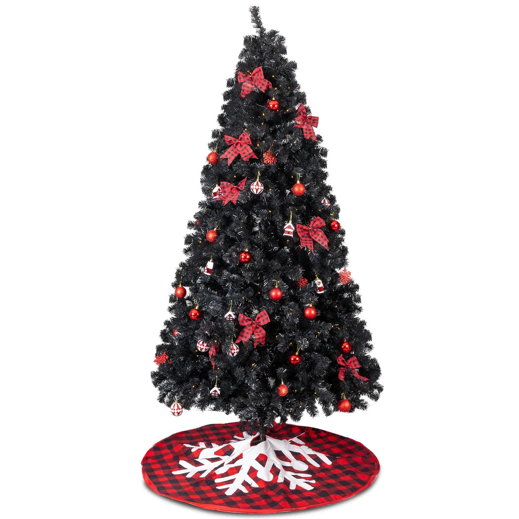 7.5FT Black Pre‑lit Artificial Christmas Tree, Hinged Xmas Tree with 350 Warm White LED Lights Remote Control, 1200 Branch Tips with Tree Skirt & Red Ornaments for Holiday Home Decor