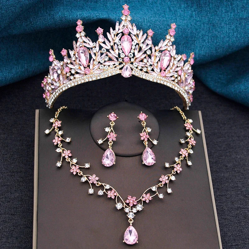 Baroque Wedding Crown for Bride 3-Pack Tiara Earrings Necklace Bridal