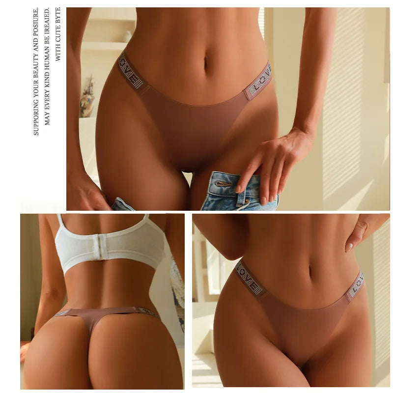 3Pcs/Set Low Waist Sexy Panties Women Thongs Rhinestones Letter Diamonds G-string Sports Thong Shorts Briefs T-back Size XS-XL