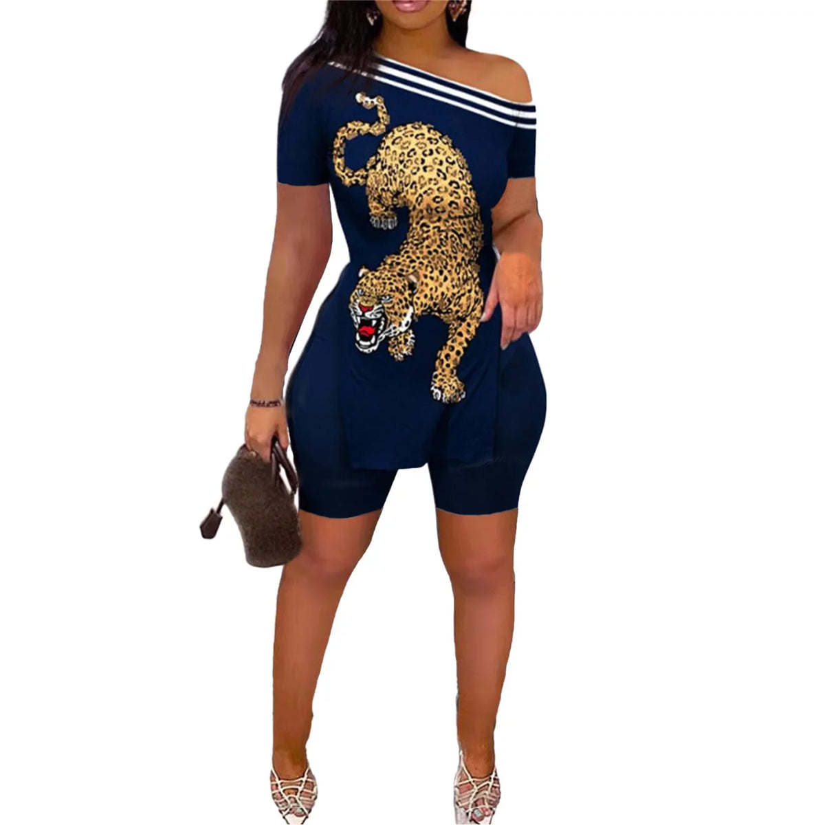 Print Two Piece Shorts Sets Women Skew Collar Short Sleeve Shirts Side Split Tops Pullover Elastic Waist Trousers Summer 2025
