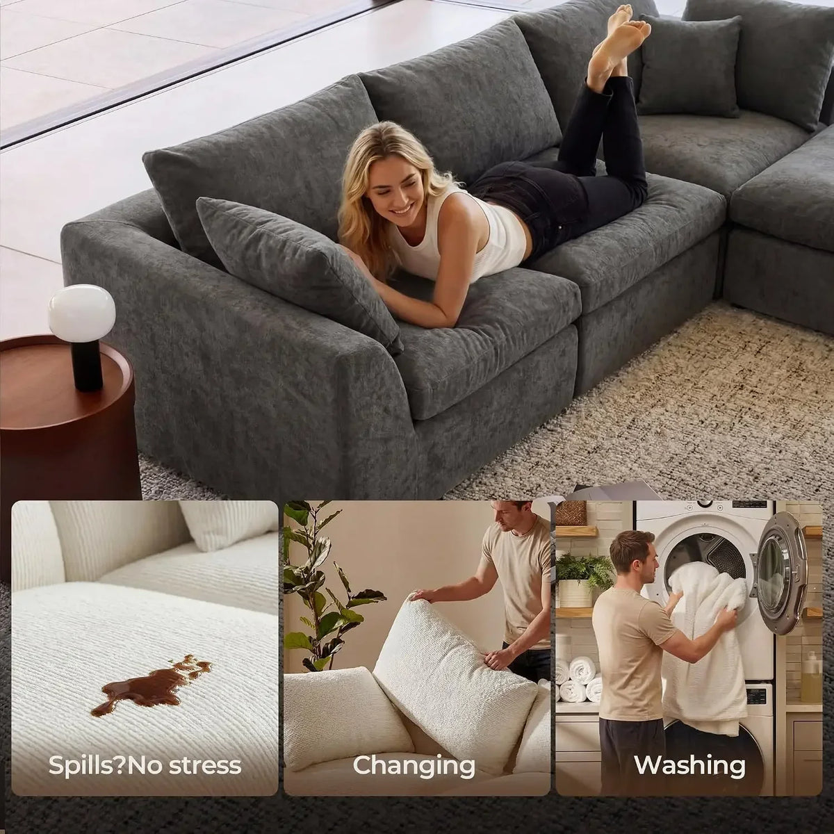 108" Cloud Sectional Couch with 2 Washable Cover Sets | L-Shaped Modular Sofa with Ottoman, Deep Seat Couch for living room