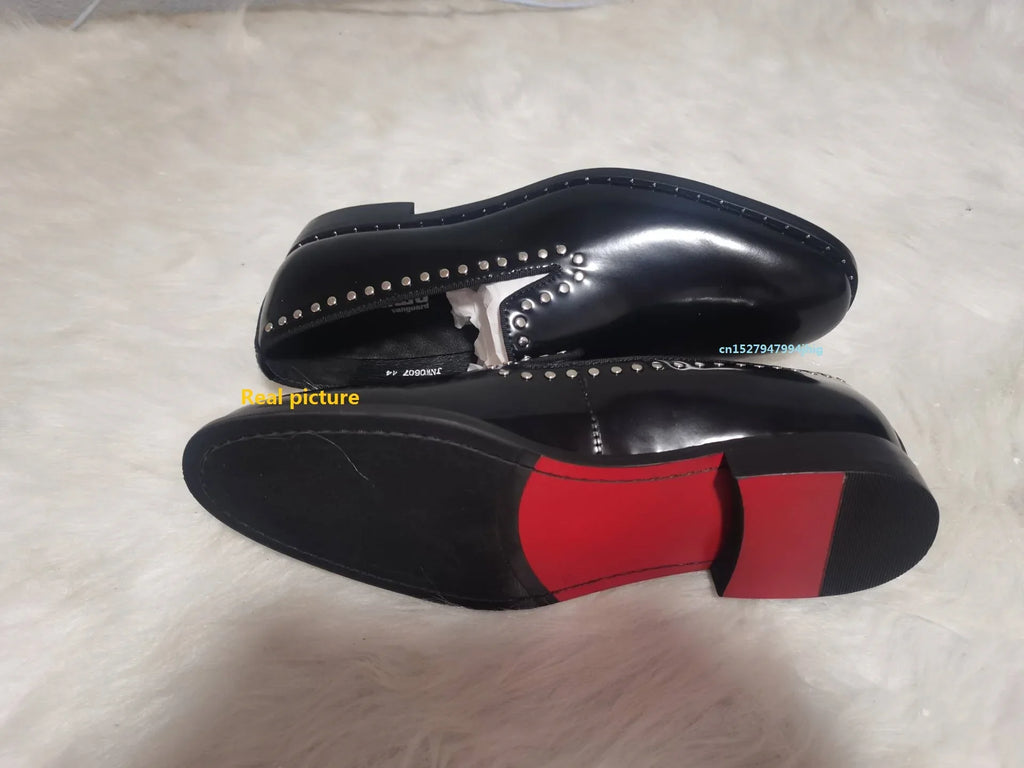 New fashion black shoes for men slip on loafers  rivet square toe  dress shoes Shiny genuine leather men shoes