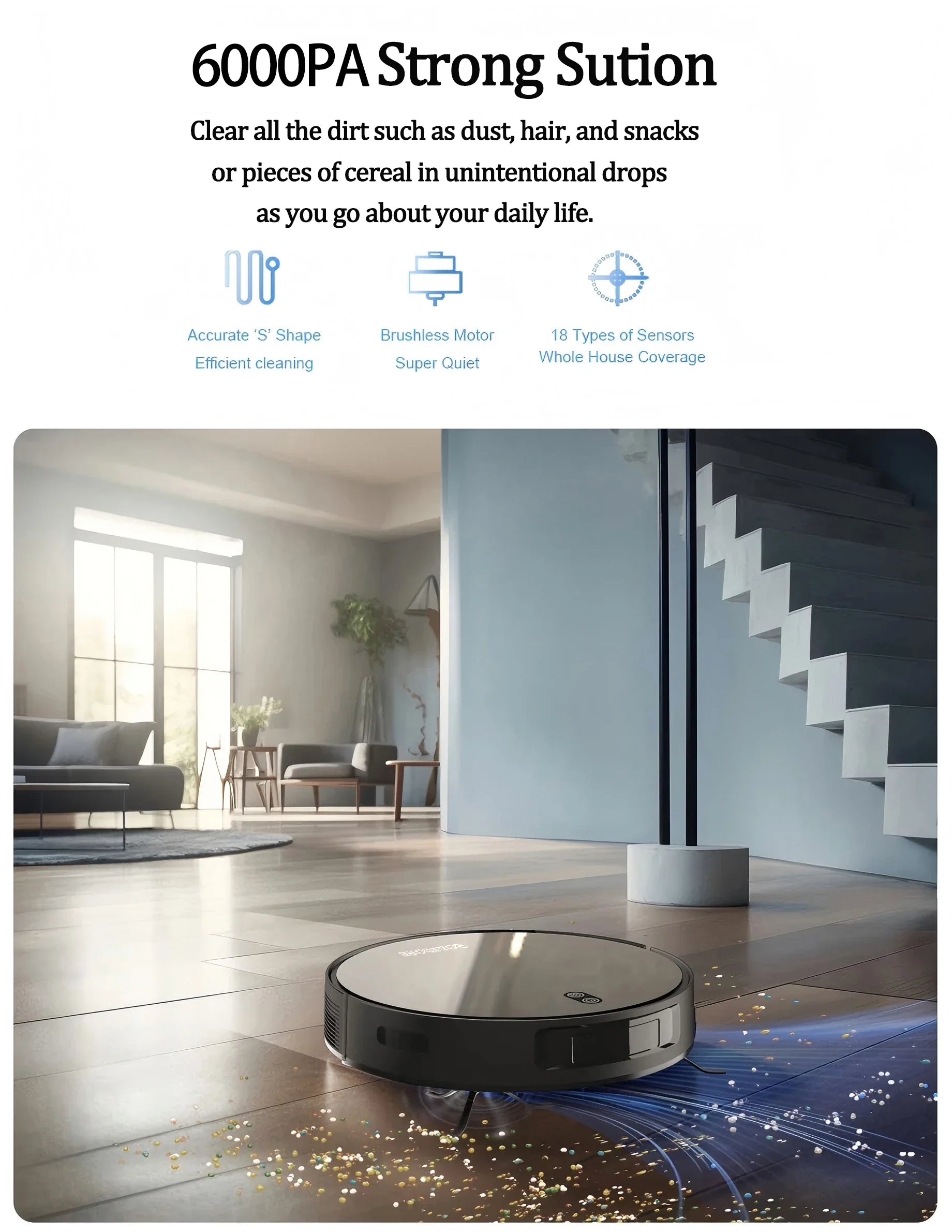 Robot Vacuum Cleaner Combo and Mop 6000PA Strong Suction  Robotic App& Remote Control Self-Charging Smart Mapping for Pet Hair