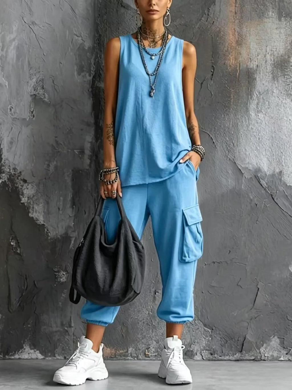 Boho Vacation Summer Sport Outfits Woman O Neck Sleeveless Top Big
