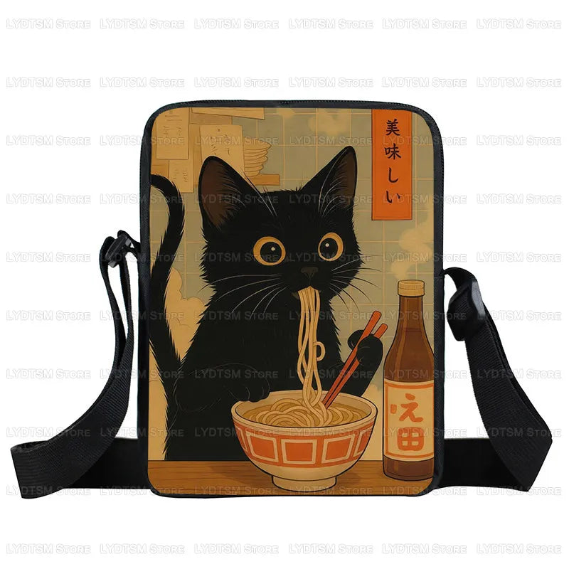 Japanese Black Cat Eating Ramen Print Crossbody Bag Women Shoulder Bag for Travel Phone Wallet Holder Teenager Messenger Bags