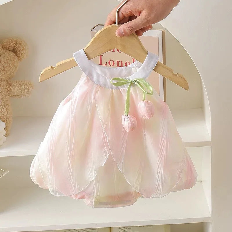 Adorable 0-24m Baby Girls Tulip Decor Bodysuit Summer Halter Sling