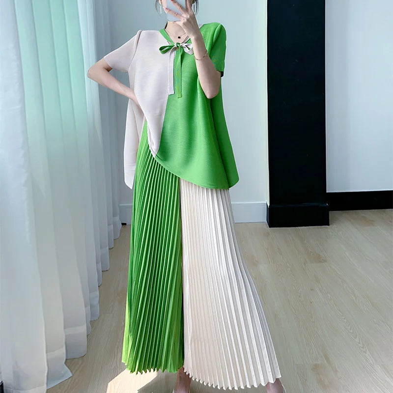 Blouse Pants Suit Women Summer Youthful Pleated Tie-Front Delicate