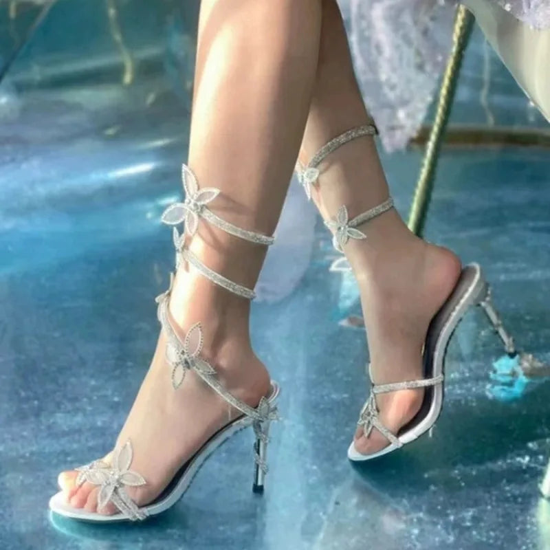 Luxury Crystal Embellished Butterfly Detail Women Sandals Sexy Coiled Strap Thin High Heels Gladiator Sandals Summer Party Shoes