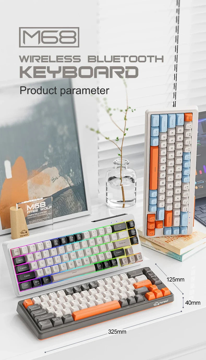 FREEWOLF M68™ Wireless Mini Keyboard & A3 Silent Mouse Set – Tri-Mode Wired/BT/2.4G, 68 Keys, PBT Keycaps, Rainbow Backlit, 2000mAh, 4000 DPI, Type-C, Cheese, Blueberry & Glimmer | FlipStylez LLC®
