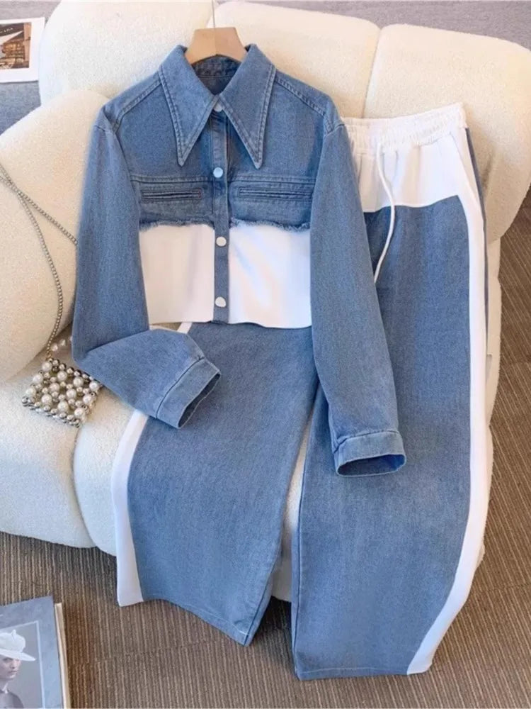 Blue Patchwork Pants Sets Women Fashion Long Sleeve Single-Breasted