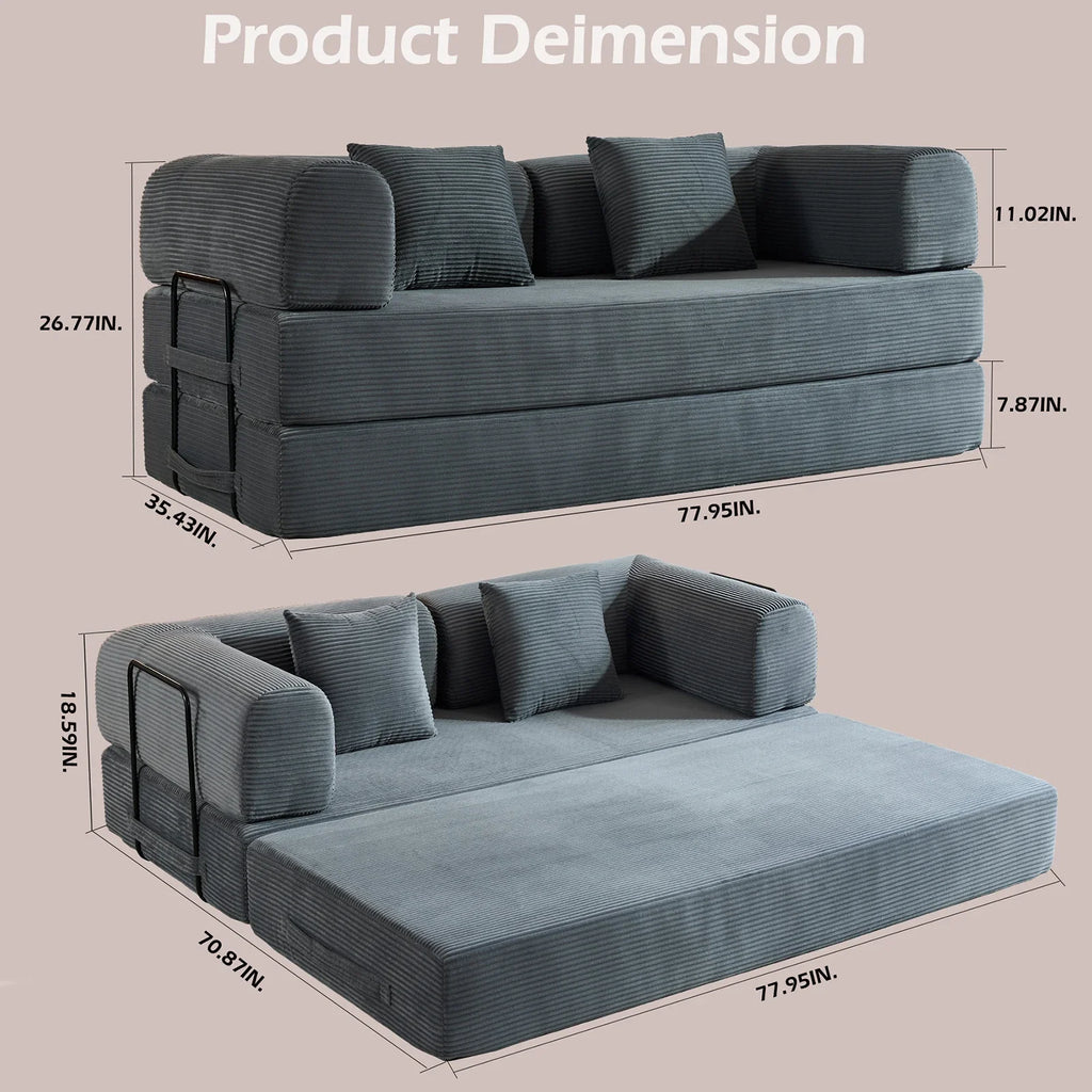 79" Folding Convertible Sofa Bed, Oversized Corduroy Futon Floor Couch, Boneless Loveseat for Small Spaces, Living Room, Bedroom