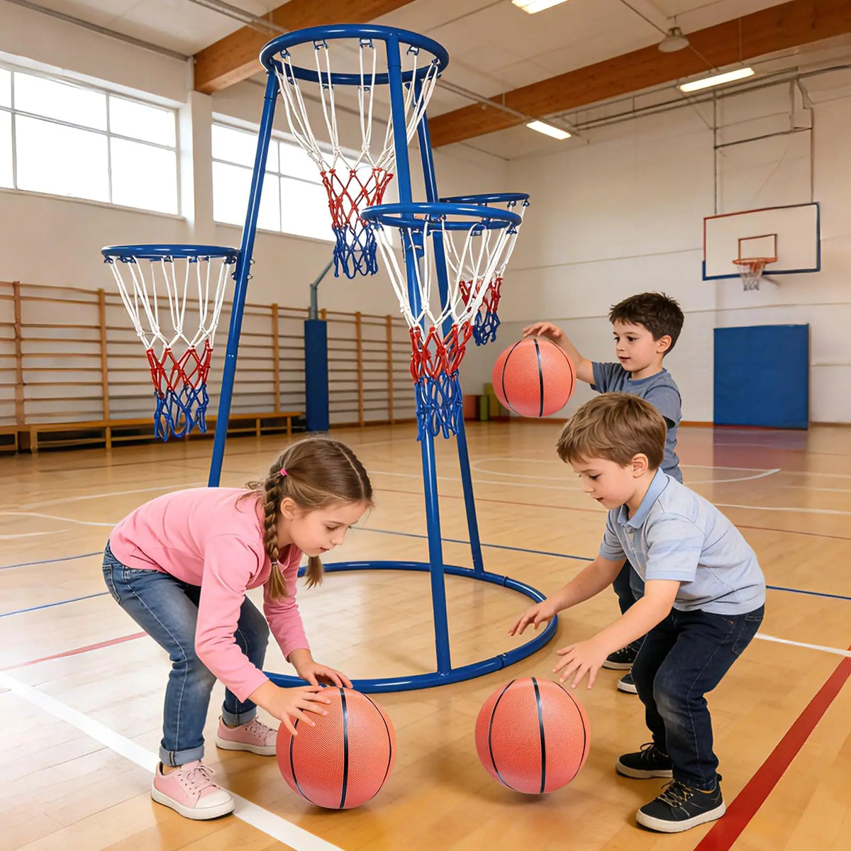 4 Hoop Toddler Basketball Set With 4 Balls & Pump, Multi Height Indoor Outdoor Basketball Goal Toy For Preschool Kids Ages 3+
