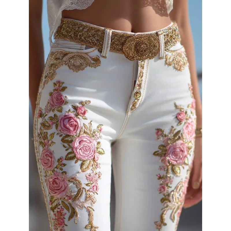 Floral Print Straight Leg Jeans for Women Fashion Denim Pants European