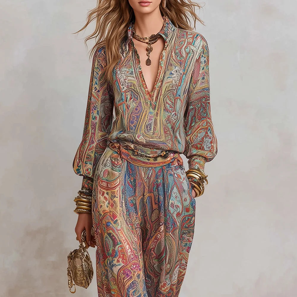 Boho Paisley Print Two-Piece Set for Women Sexy V-Neck Long Sleeve
