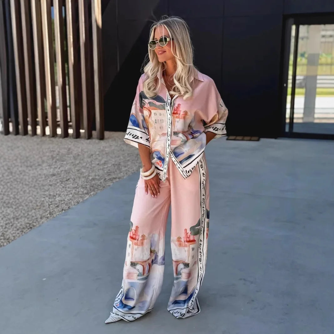 Autumn New Half-Sleeved Printed Shirt Trousers for Women 2-Piece Set