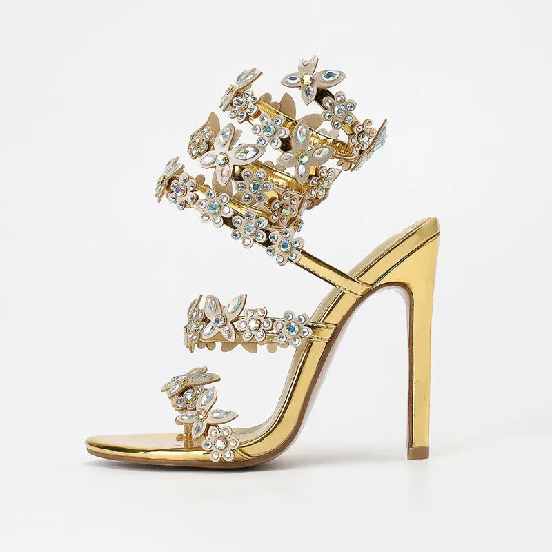 Bling Luxury Crystal Butterfly Flowers Decor Women Gladiator Sandals Fashion Summer High Heels Wedding Banquet Shoes Sandalias