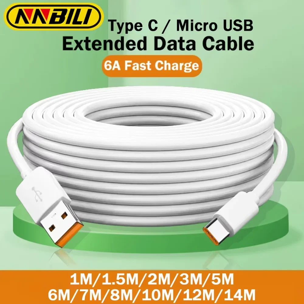 NNBILI 2024 NEW 1M-14M Extra Long Micro/Type C USB C Charge Cable for Xiaomi Huawei PS4/5 Camera VR Android Phone Universal