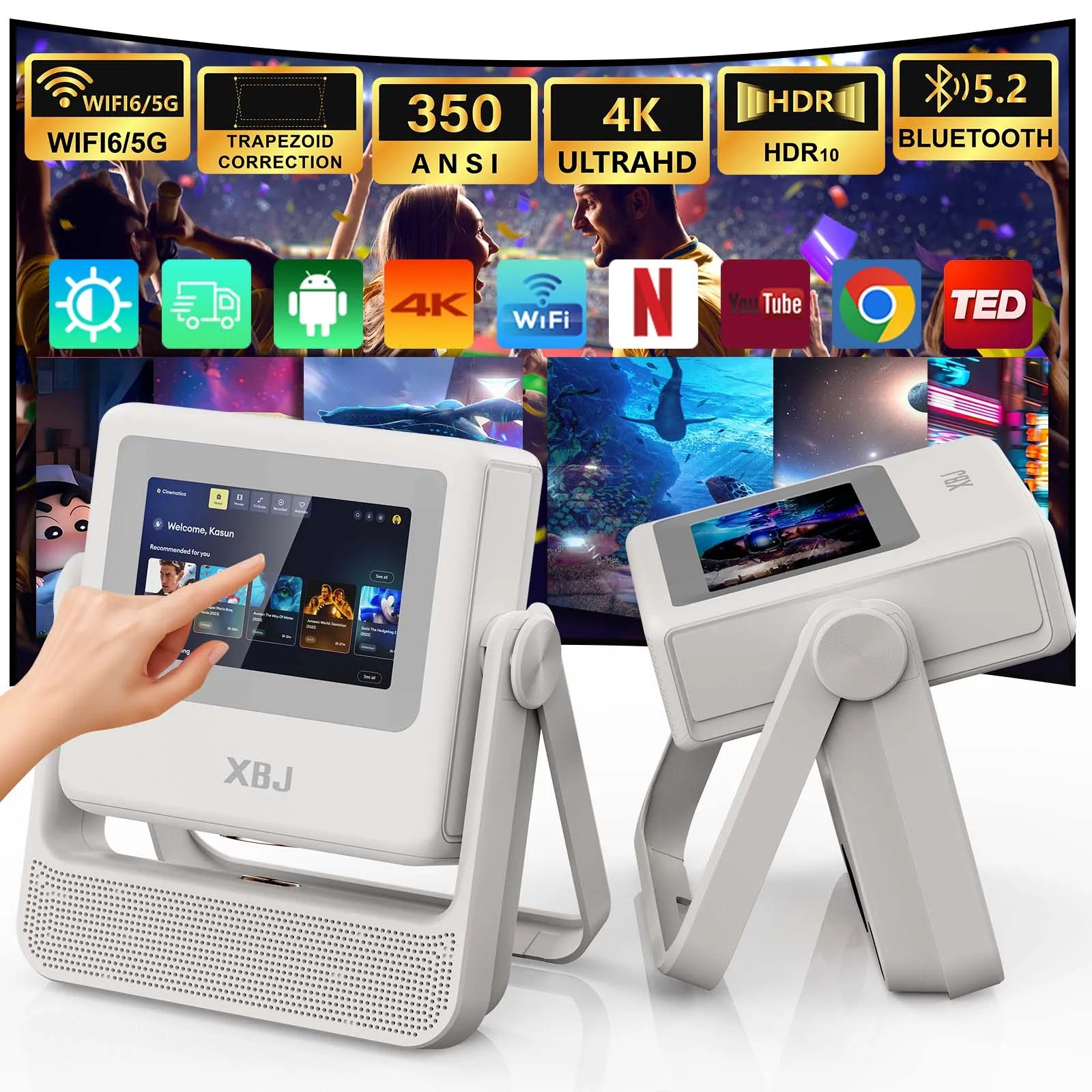XBJ A5Pro 1080p Smart Projector With Screen Wifi6 BT5.2 Auto Focus Portable Projector 4k Home Cinema Indoor Outdoor