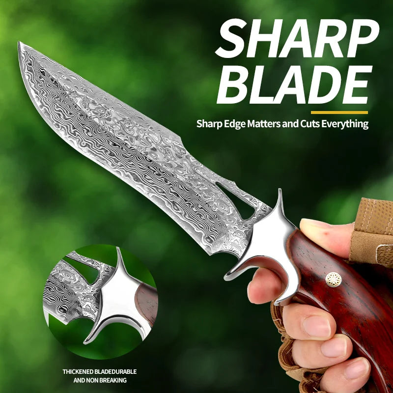 A Large Damascus Handmade Forged Knife - Fixed Blade, Wooden Handle