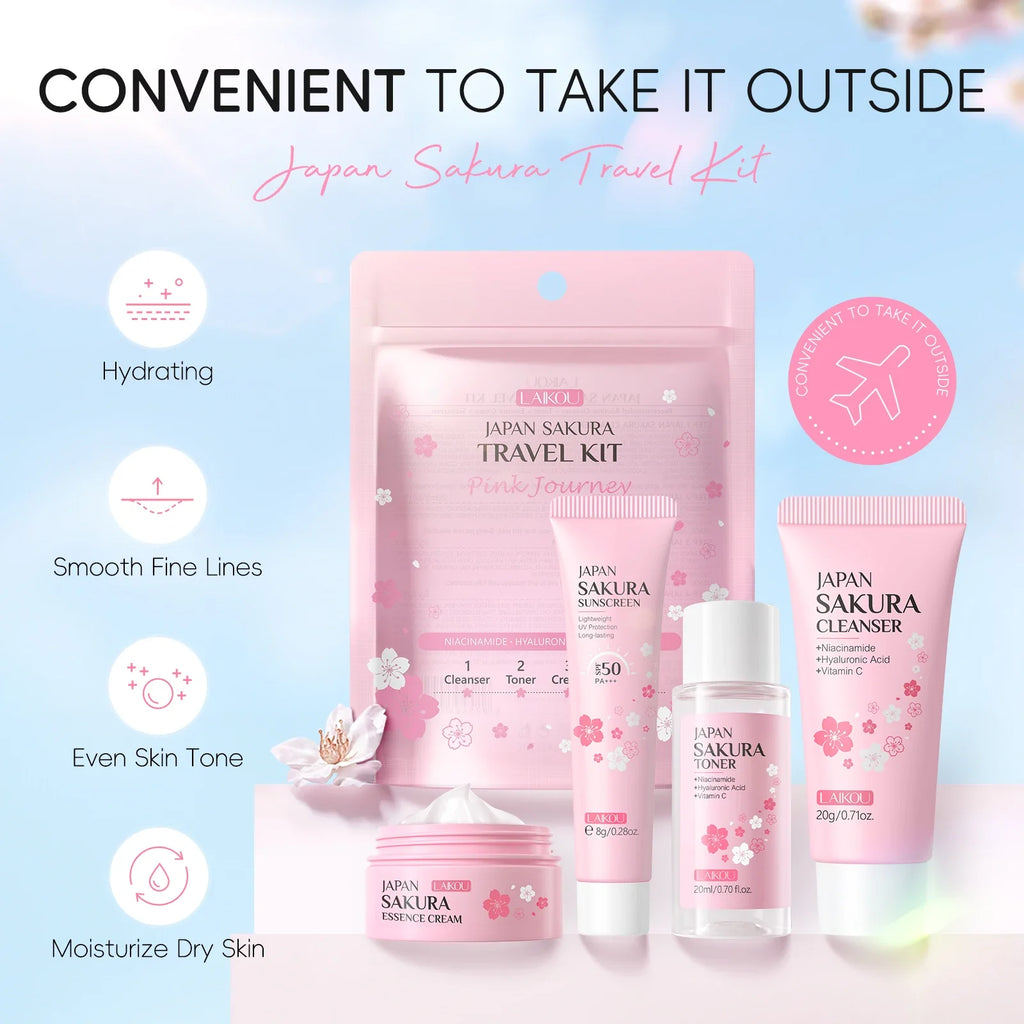 LAIKOU Japan Sakura Full Skincare Set Cleanser Toner Serum Cream Eye Cream Sunscreen Travel Kit Complete Facial Care