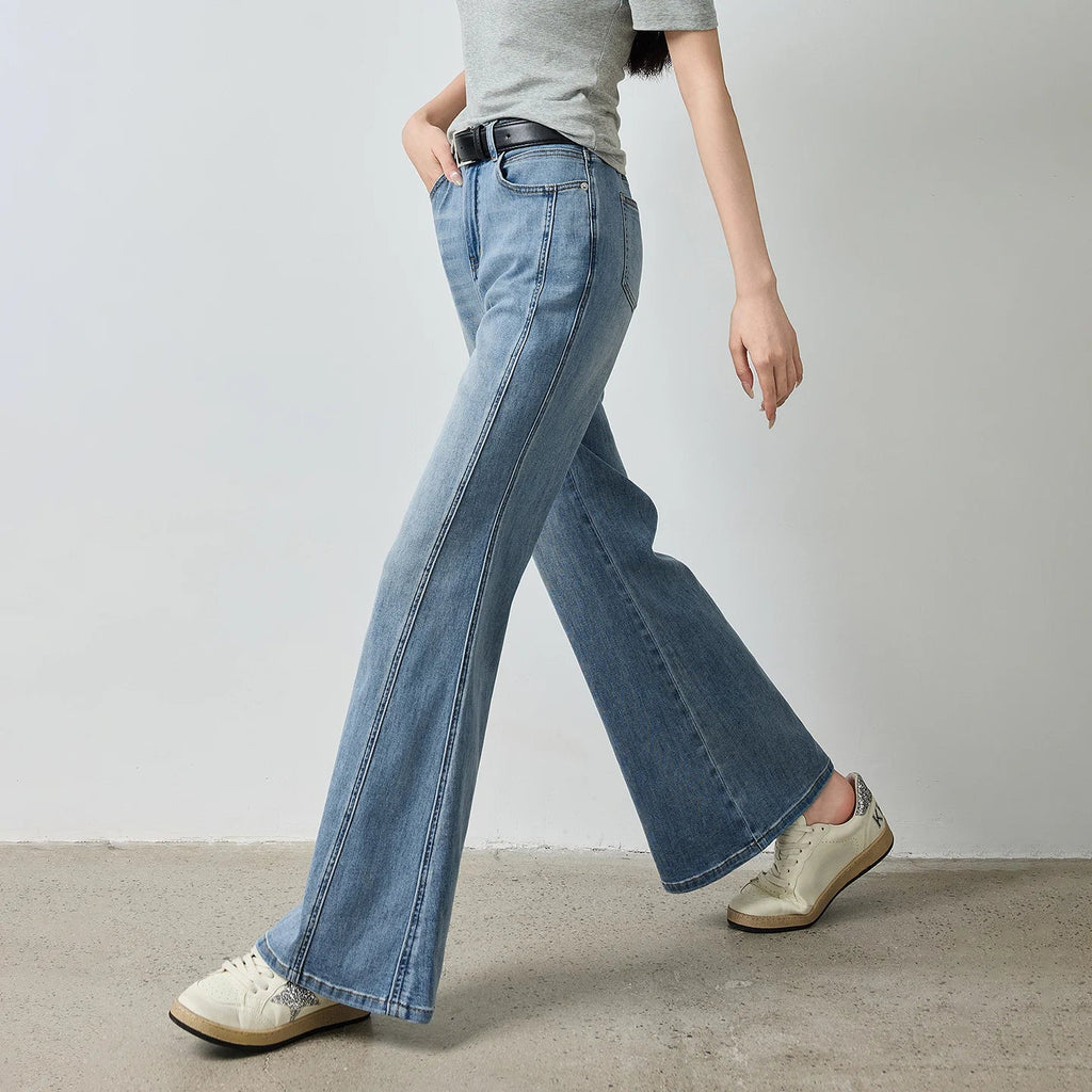 TOYOUTH Women's Glazed Blue Deconstructed Splicing Stretch Cotton Jeans 2026 Autumn New Slim Fit Flared Chic Denim Trousers