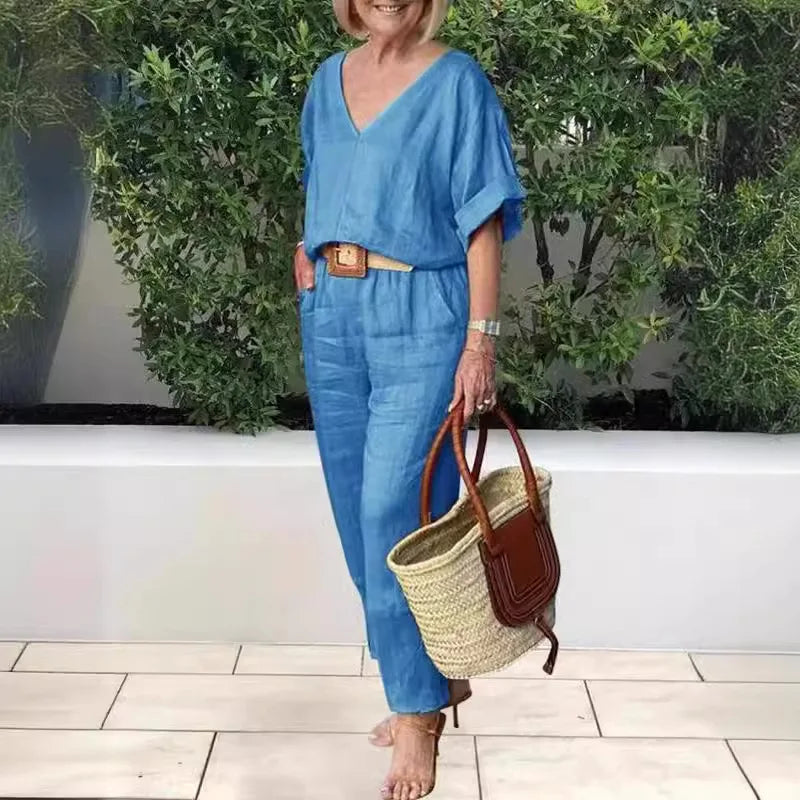 2 Piece Sets Women Outfit Women Suits Gray V-Neck Short Sleeve Tops