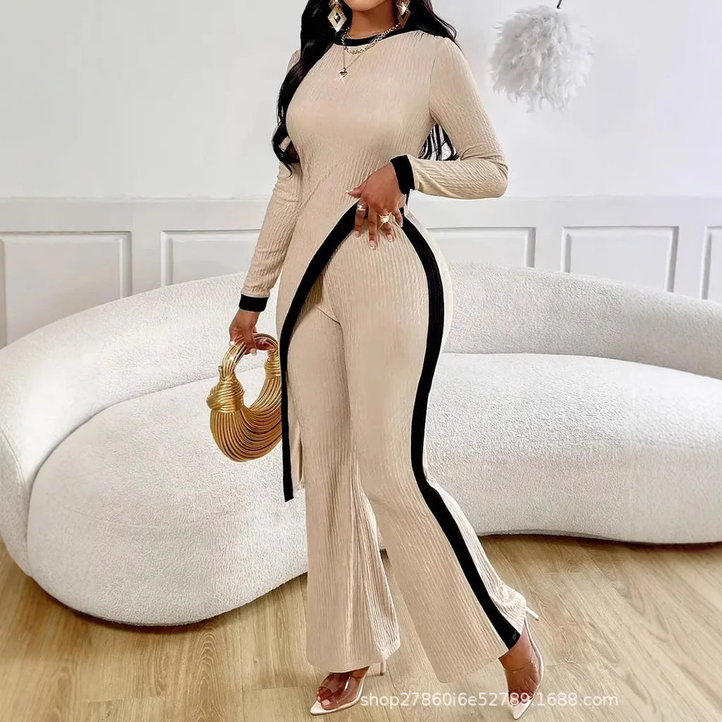 Spring New Casual Trousers Set Woman Irregular Tops Wide Leg Elastic