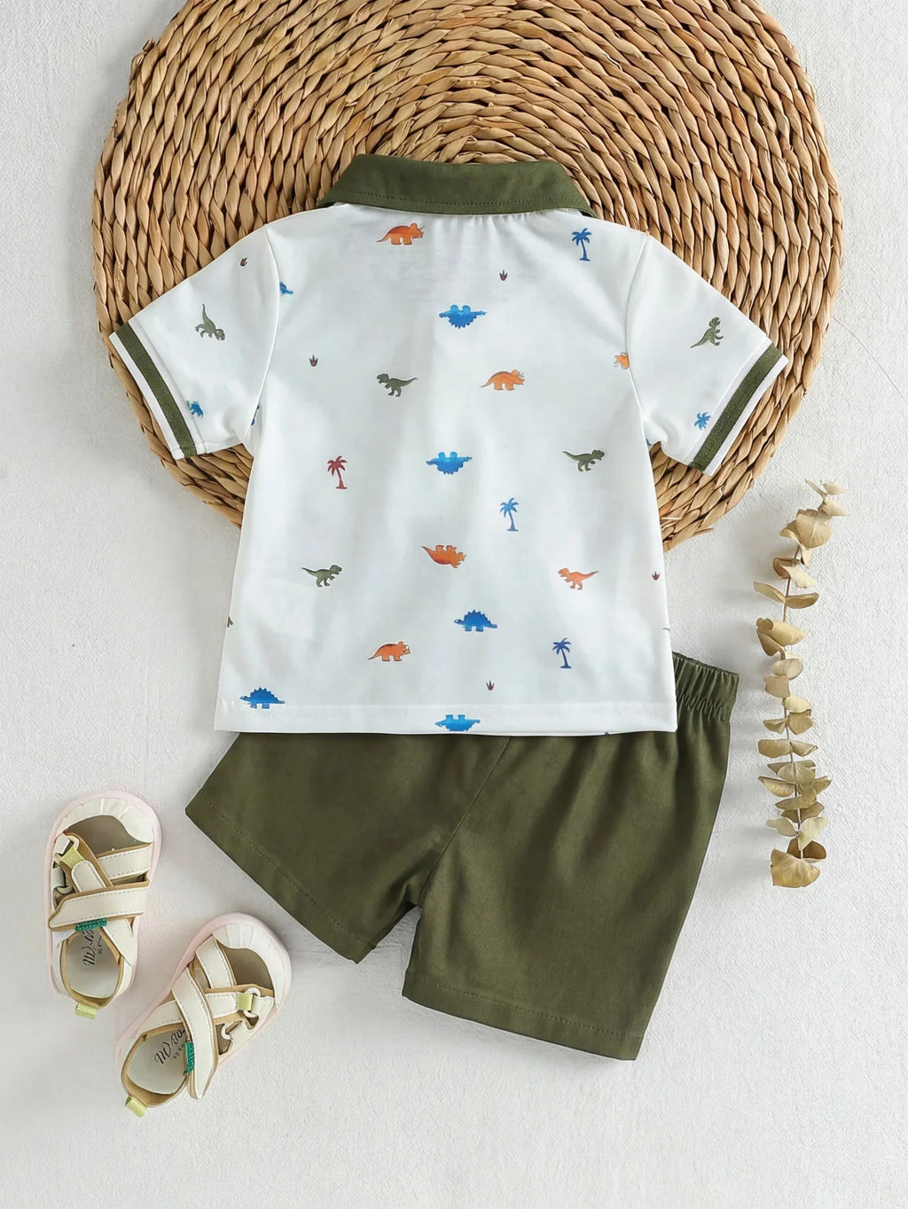 Baby Boy Polo 2‑piece Set, Printed Lapel Short‑sleeve Top with Solid