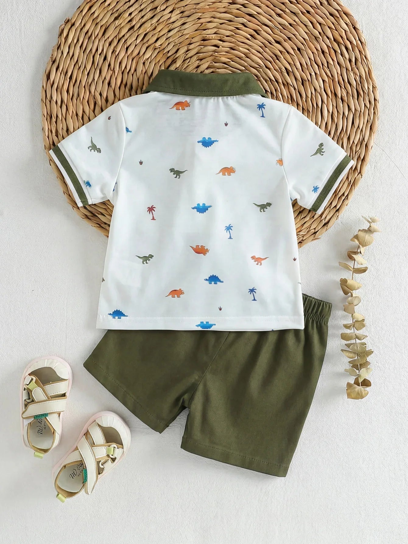 Baby Boy Polo 2‑piece Set, Printed Lapel Short‑sleeve Top with Solid
