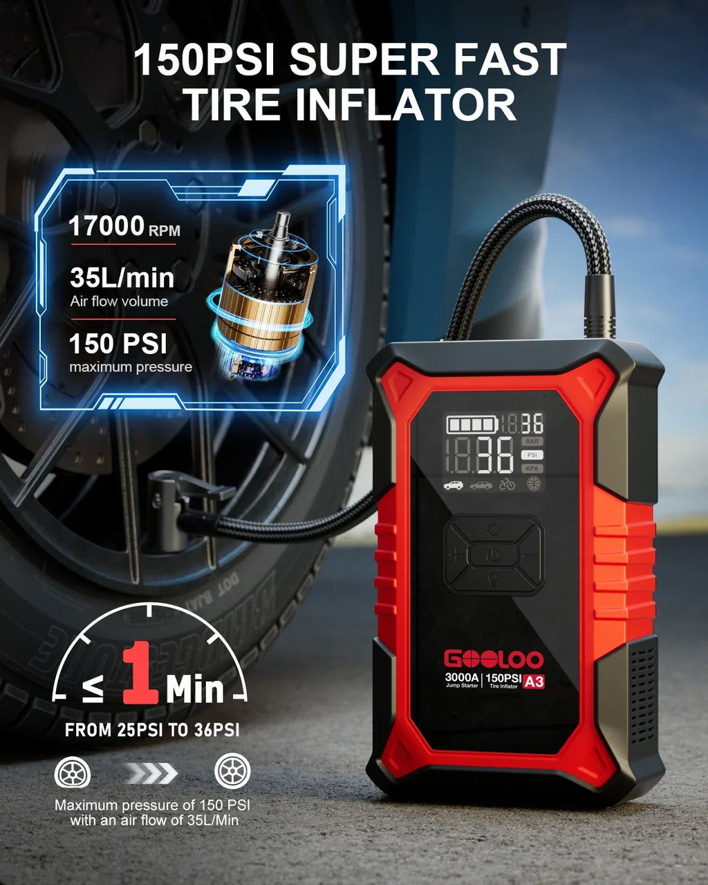 GOOLOO A3 Jump Starter with Air Compressor, 3000A Portable Car Battery Booster (9.0 Gas/6.5L Diesel) with 150PSI Auto-Shutoff Ti