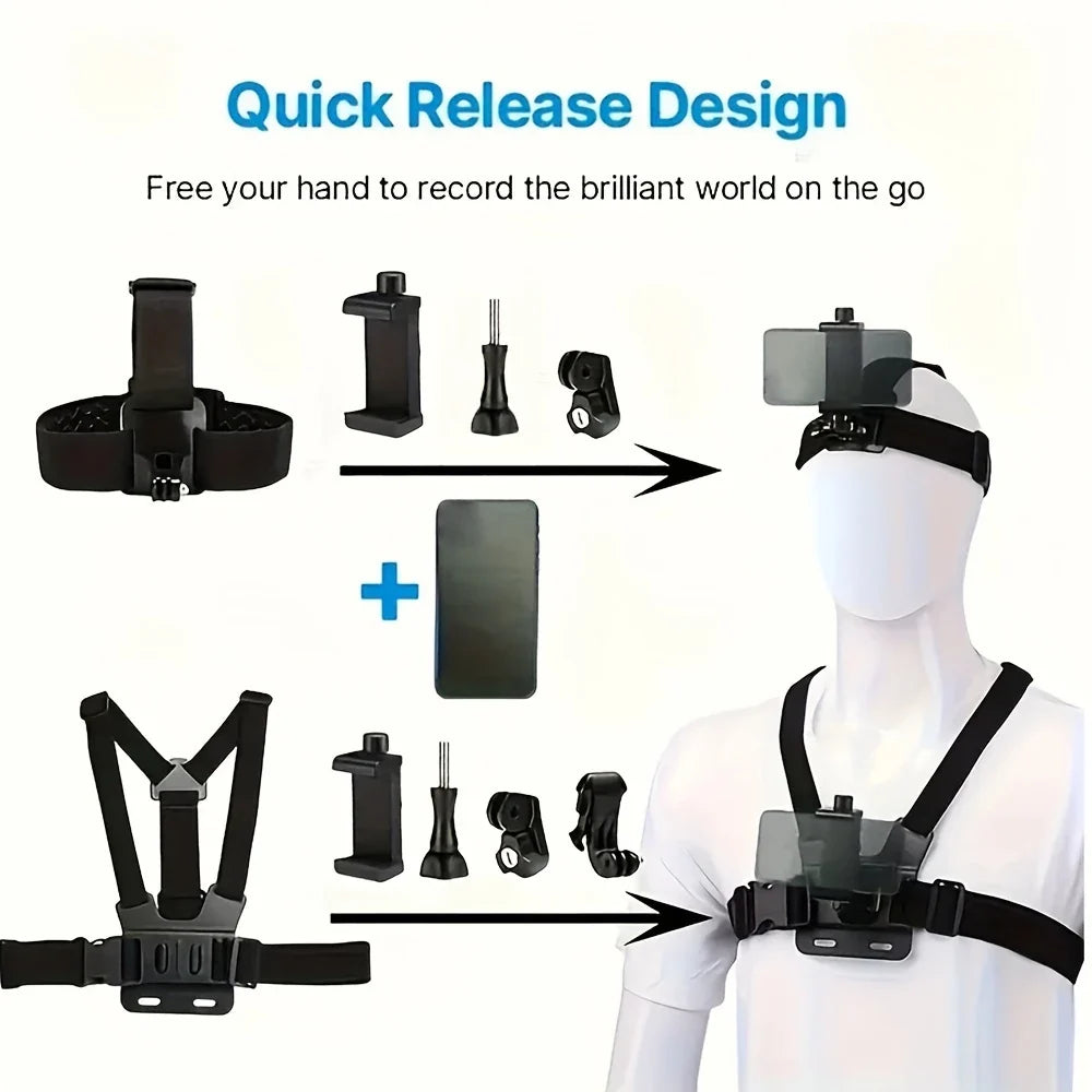 Mobile Phone Head Chest Strap Harness Mount Holder Kit Cell Phone Clip for IPhone/Samsung for GoPro AKASO DJI Osmo Action Camera