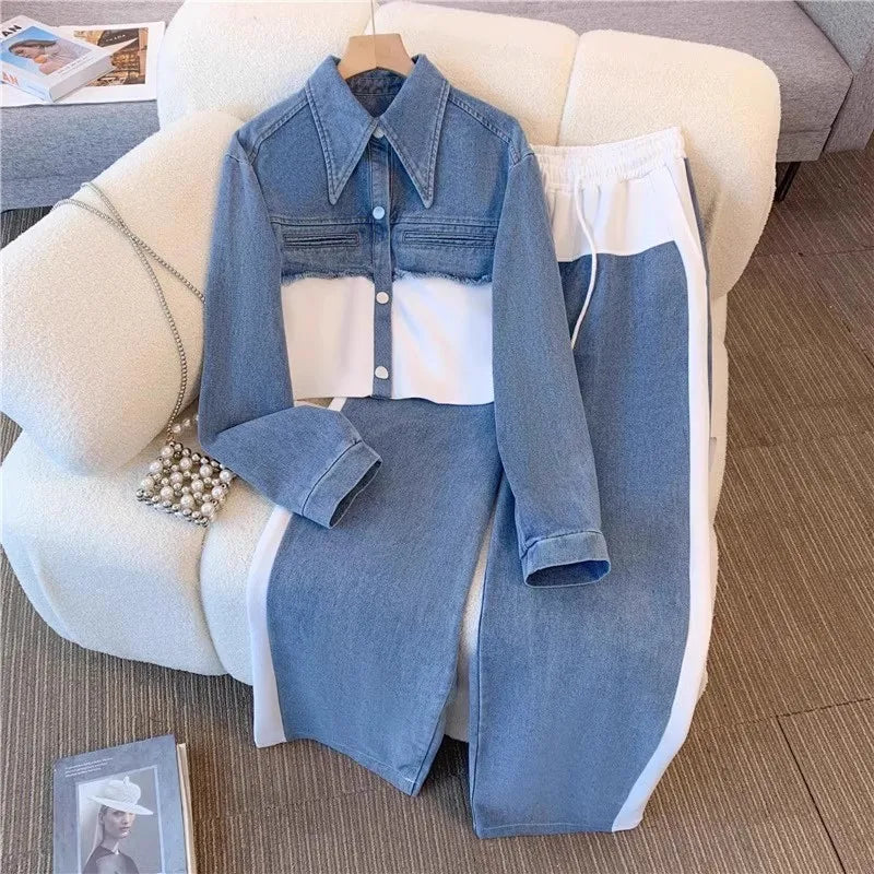 Blue Patchwork Pants Sets Women Fashion Long Sleeve Single-Breasted