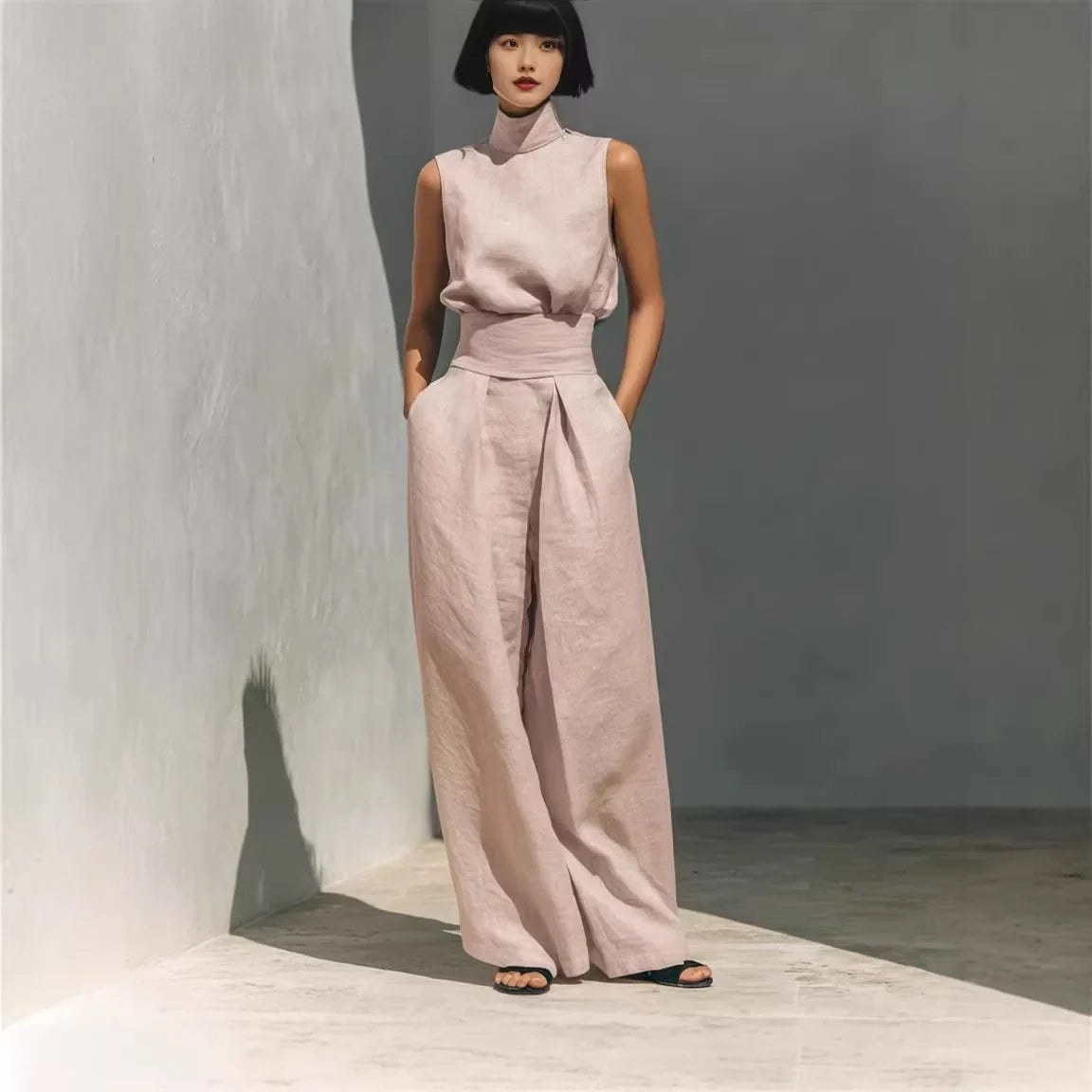 Women 2 Piece Outfit, Sleeveless High Neck Blouse & High Waist Wide